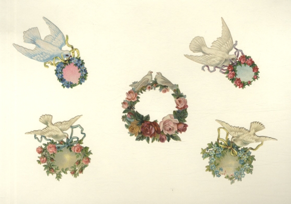 5 wafers white doves with flower wreaths, approx. 7 x 7 cm and 4.5 x 8 cm