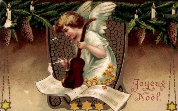 Ansichtkaart Vrolijk Kerstfeest, engel, dennentak, viool, sterren