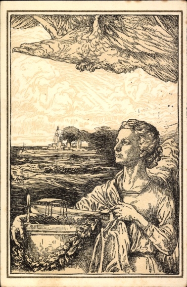 Artist's PC German warship at sea, fighter plane, eagle, Fleet League of German Women, WWI