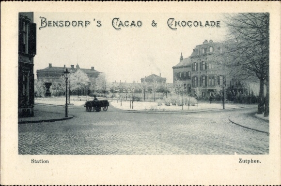 Postcard Zutphen Gelderland, train station, Bendorp's Cacao & Chocolate