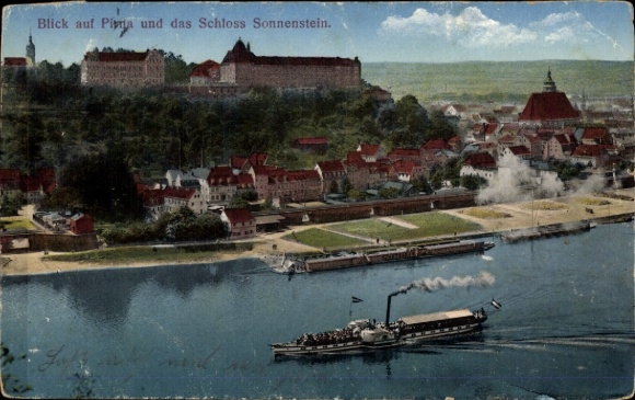 Ak Sonnenstein Pirna in Sachsen, Blick auf Pirna, Schloss Sonnenstein, Dampfer auf dem Wasser