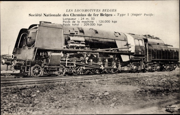 Postcard Belgian Railways, Locomotive Belge, steam locomotive, Type 1 Super Pacific