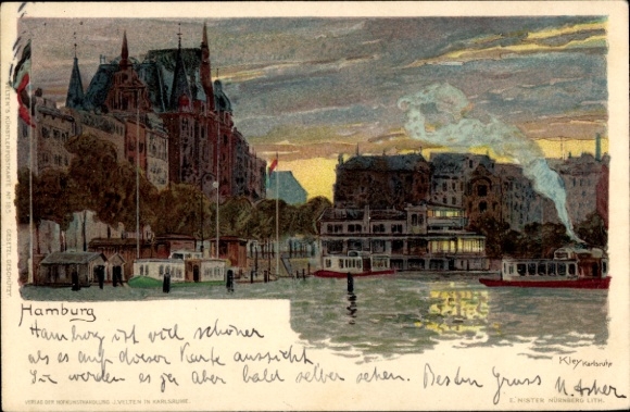Artist Chromo-Litho Kley, Hamburg, evening mood, mooring of the Alster boats
