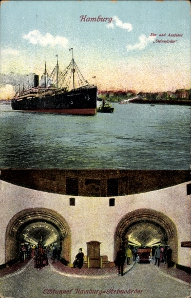 Ak Hamburg Mitte Steinwerder Kuhwerder, Hafenansicht mit Schiff, Elbe, Steinwändler, Etotunnel