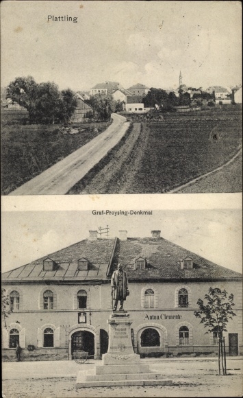 Postcard Plattling in Niederbayern, Graf Preysing monument, Anton Clemente office building, view of the town