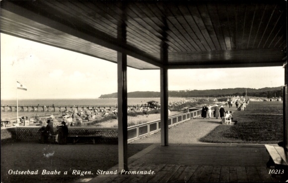 Postcard Ostseebad Baabe on Rügen, beach promenade, Ostseebad Baabe, view of the beach, trees, visitors