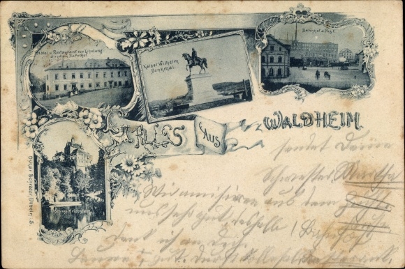 Postcard Waldheim in Sachsen, Kaiser Wilhelm monument, train station, hotel for recreation, Kriebstein Castle