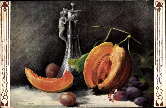 Artist Postcard Golay, Mary, still life, fruits, melon, carafe