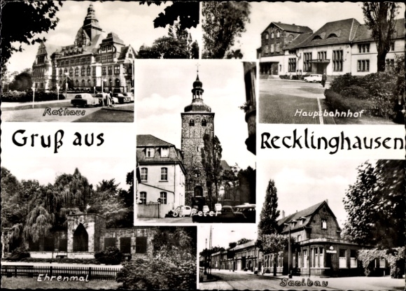 Postcard Recklinghausen in the Ruhr area, town hall, main station, memorial, hall building