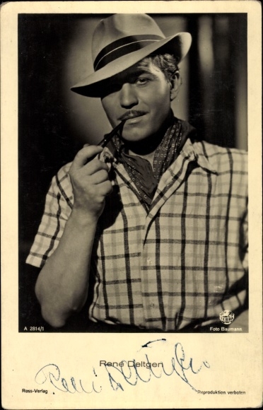 Postcard actor René Deltgen, portrait with pipe, hat, Ross Verlag A 2814 1, autograph