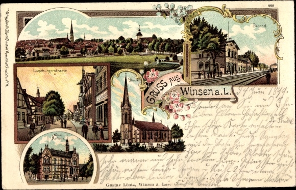 litho Winsen an der Luhe, Lüneburger Straße, kerk, treinstation, nieuw stadhuis, afstandsschot