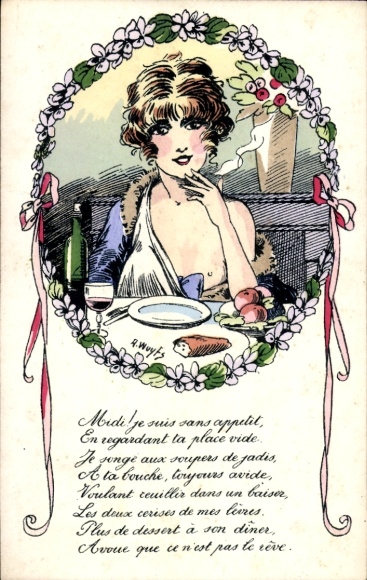 Artist Postcard Wuyts, A., La Crise de Baisers, bare-breasted woman with cigarette at the dining table, poem