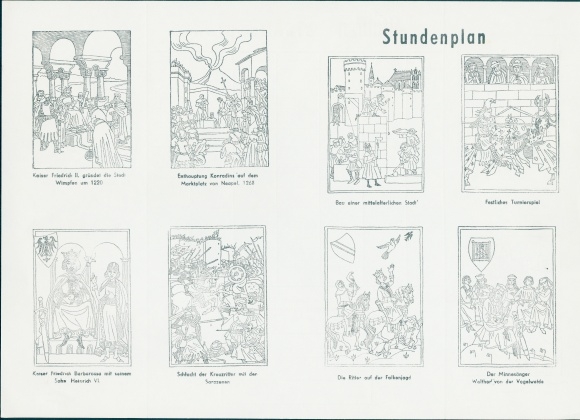 Timetable with historical drawings from the Staufer period