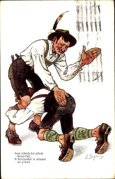 Künstler Ak Schlemo, E., Bayern in Lederhosen, Holzhacker, Schuhplattler No. 6