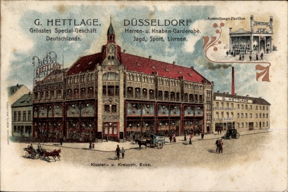 Litho Düsseldorf, Spezialgeschäft G. Hettlage, Ausstellungspavillon, Klosterstraße und Kreuzstrasse