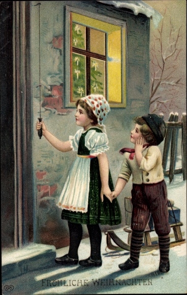 Chromo-Litho congratulations Christmas, boy and girl with sleigh, front door