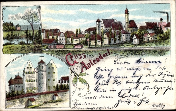 Chromo-Litho Aulendorf in Baden, view of the town with the castle