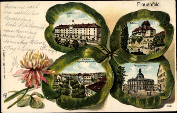 Cloverleaf Chromo-Litho Frauenfeld Canton Thurgau, barracks, castle, school building, government building, post office