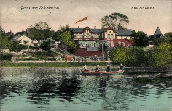 Ak Schwabstedt aan de Treene Noord-Friesland, Hotel zur Treene, boot