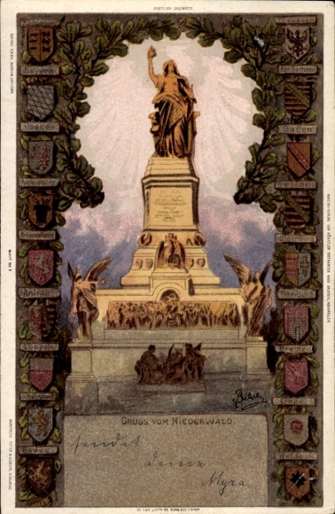 Postcard Niederwald Kirchhain in Hesse, depiction of the Niederwald monument statue, decorated with coat of arms