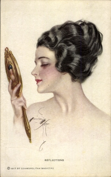 Artist Postcard Fisher, Harrison, Reflections, Woman looking at herself in a hand mirror
