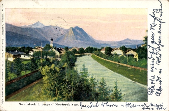 Postcard Garmisch Partenkirchen in Upper Bavaria, panorama, high mountains