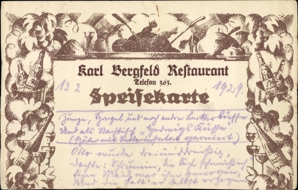 Postcard Altena in Westphalia, Restaurant Karl Bergfeld, Iserlohner Str. 1-3, menu