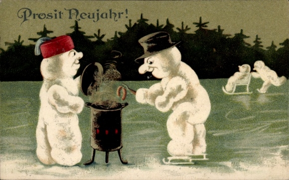 Postcard Humanized snowmen with stove on the ice, skates, sled