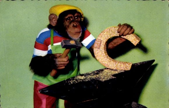 Postcard Humanized Monkey as Blacksmith, Chimpanzee, Anvil, Horseshoe