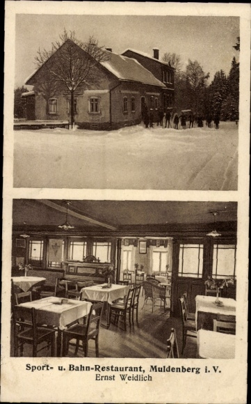 Postcard Muldenberg Grünbach in Vogtland, sports and train restaurant, interior view