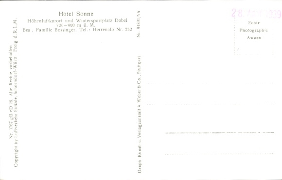 Postcard Dobel in the Black Forest, aerial photograph, Hotel Sonne