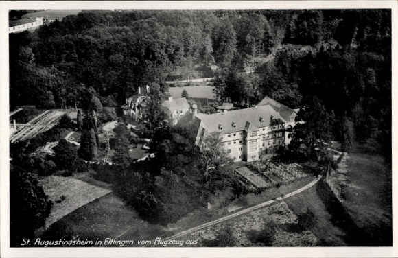 Postcard Ettlingen in Baden, aerial view of St. Augustinasheim, green landscape, trees, buildings