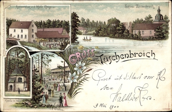 Chromo-Litho Tüschenbroich Wegberg, restoration and mill Königs, castle, chapel