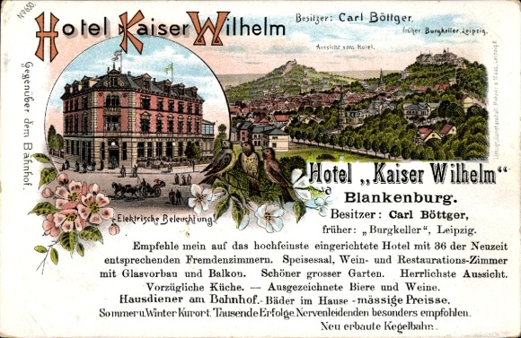 Postcard Blankenburg am Harz, Hotel Kaiser Wilhelm, owned by Carl Böttger, electric lighting, beautiful
