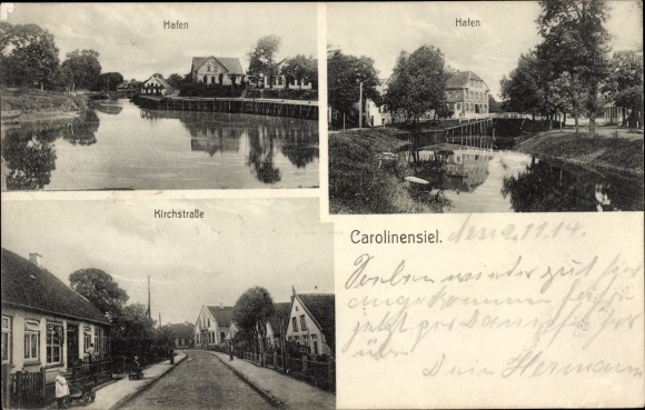 Postcard North Sea resort Carolinensiel Wittmund in East Frisia, Hotel zum Deutschen Hause, harbor