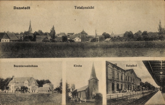 Ansichtkaart Danstedt Nordharz, algemeen beeld, ambtenarenwoning, kerk, treinstation, kant van het spoor