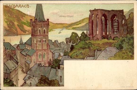 Kunstenaar litho Franz Hein, Bacharach am Rhein, uitzicht over de stad, ruïnes