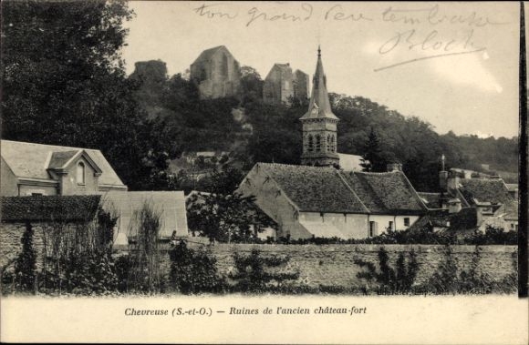 Ak Chevreuse Yvelines, Ruinen eines alten Schlosses, Kirche, Häuser, Landschaft