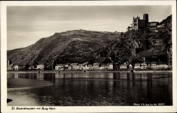 Ak St. Goarshausen am Rhein,  Burg Katz, Rheinlandschaft, Schwarz-Weiß-Foto