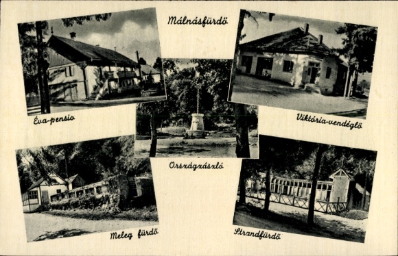 Ak Malnaș Băi Málnásfürdő Transsylvanië Roemenië, Vijf foto's van onder meer hotels en een monument