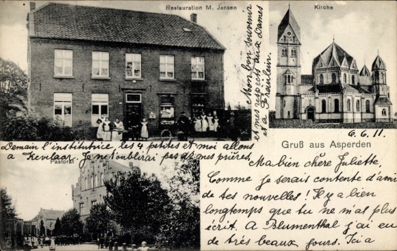 Postcard Asperden Goch am Niederrhein, Restoration M. Jansen, Church, Pastorate