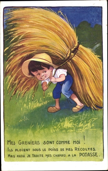 Artist Postcard Right, boy harvesting grain, potash fertilizer