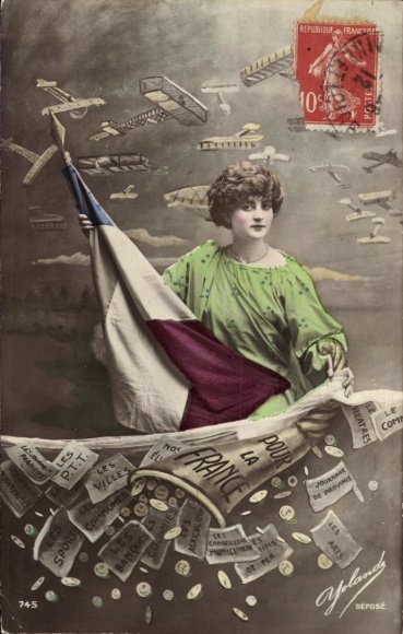 Ak Pour la France, Junge Frau mit Flagge und Füllhorn, Geldscheine, Münzen