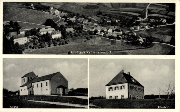 Ak Rathsmannsdorf Windorf in Neder-Beieren, luchtfoto van kerk, pastorie