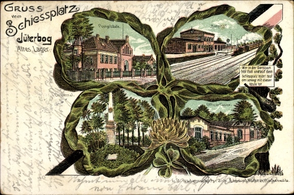 Kleeblatt Litho Jüterbog in Brandenburg, Schießplatz, Bahnhof, Post, Offizier-Casino