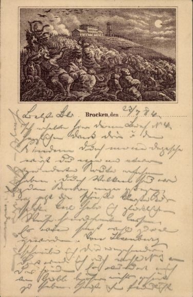 Precursor Chromo-Litho Brocken in the Harz Mountains, Brocken Tower, Brocken Hotel, Devil, 1884