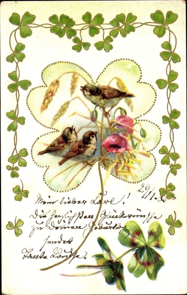 Emboss litho congratulations, shamrocks, sparrows, poppies, wheat