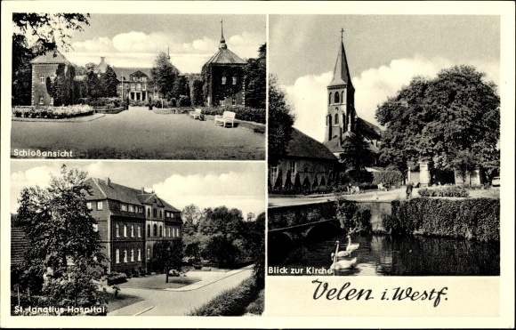 Postcard Velen in Münsterland Westphalia, church, castle, St. Ignatius Hospital