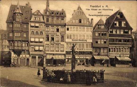 Ak Frankfurt am Main, Römerberg, Alte Häuser, Gerechtigkeitsbrunnen, Samen-Handlung