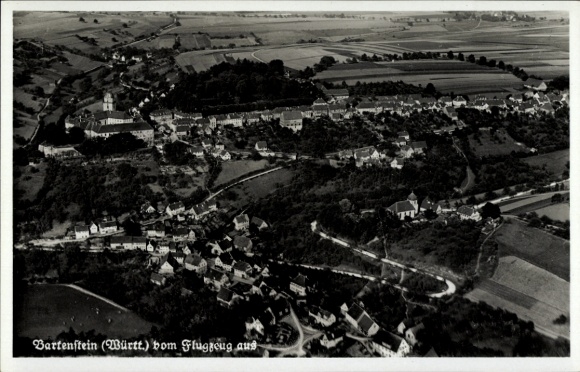 Postcard Bartenstein Schrozberg in Württemberg, aerial view of landscape, houses, airplane perspective